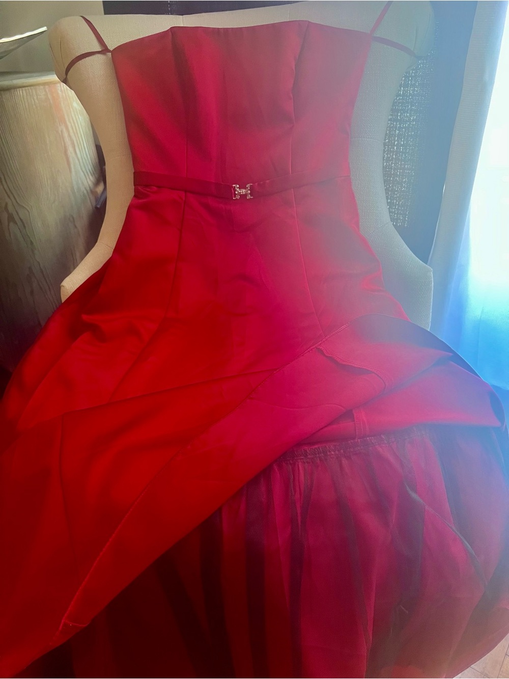 Strapless Red Evening Dress with Belt Accent